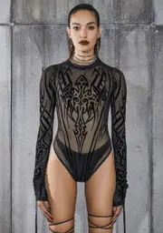 [DARKER WAVS] Snare Tattoo Print Mesh Bodysuit