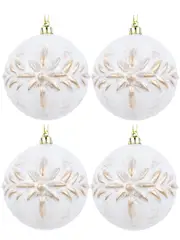 White Baubles With Gold Centrepiece & Vine Textured Pattern - 4 x 80mm