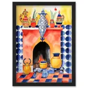 Kitchen Hearth Fireplace Coloured Tiles Folk Art Framed Art Picture Print A4