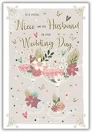 Niece and Her Husband Wedding Day Congratulations Card - Floral Cocktails and Butterflies - Special Finishes - Made in the UK