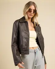 [Ava And Ever] Ava And Ever Women's Pilot Faux Leather Bomber Jacket in Vintage Brown Size 6 6 Vintage Brown