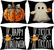 ZANZER 4 Pack Halloween Throw Pillow Cover 18X18 Inch Pumpkin and Ghost Decorations Farmhouse Decorative White Cushion Case Decor Autumn Home for Sofa Couch (B 4 PCS)