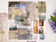 Vintage junk journal kit pack, travel nature scene card, sticker pack