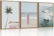 Beach Framed Canvas Wall Art Set, Palm Tree Surfboard Seascape Wall Decor, Oc...