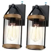 Dusk to Dawn Outdoor Wall Light Fixtures Photocell 2 Pack Black & Wood Texture