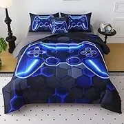 JQinHome Queen Size Gaming Bedding Set 6-Piece Comforter for Boys Teens - 3D Video Game Print Bed in a Bag with Sheets, Blue Cool Black Design (Queen)