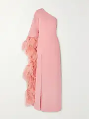 [MONIQUE LHUILLIER] MONIQUE LHUILLIER - One-sleeve Feather-trimmed Silk-crepe Gown - Blush - US10 US 10 Pink