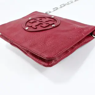 美國【TORY BURCH】紅色真皮大LOGO銀鍊輕巧斜背包