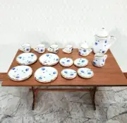 Dollhouse Coffee Tea Set Large Ceramic Pot Plates Cups 1:12 Scale Blue White