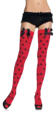 Lady Bug Opaque Women Costume Black Red Dot Striped Thigh Highs Satin Bow