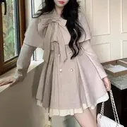 Set: Long-Sleeve Notch Lapel Two Tone Frill Trim Layered Double-Breasted Mini A-Line Blazer Dress + Bow Shawl Set of 2 - Dress & Shawl - Almond - M