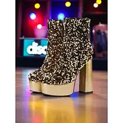 Women's 1980s-Inspired Gold Sequin Platform Ankle Boots – Retro Disco Chunky High Heel Boots for Stage Shows, Nightclubs, and Costume Parties