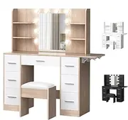 ALFORDSON Vanity Dressing Table Set with LED Mirror, Storage Shelves, Drawers and Stool, Makeup Desk with Extendable Countertop, 132cm, Wood White Color