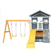 Kidzshack Caboodle Shack Wooden Large Cubby House with Mud Kitchen, Swing Set and Purple Slide