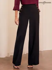 Love & Roses Black Military Button Wide Leg Tailored Trousers (B92754) | $104