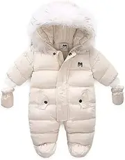 [Verve Jelly] Infant Baby Girls Goys Winter Snowsuit Zipper Down Hoodied Romper Footie Jumpsuit Coat + Gloves