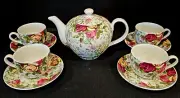 ROYAL ALBERT COUNTRY ROSE 9 PIECE TEA SET TEAPOT 4 CUPS AND SAUCERS NIB