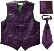 New Men's Paisley Tuxedo Vest Waistcoat & Ascot Cravat & Hankie Dark Purple