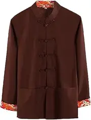 [NTWSHS] Chinese Clothing Cotton Linen Tang Suit, Men Kung Fu Clothing Tops Martial Art Uniform Jacket Coats Long Sleeve Cotton Tai Chi Clothes for Seniors(Coffee,4X-Large)
