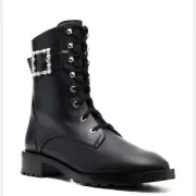 NWT $770 Stuart Weitzman Pearl Ankle Buckle Combat Black Leather Boot Women Sz 6