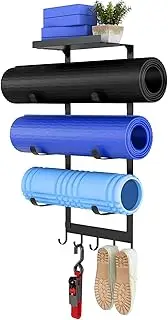 LSK Yoga Mat Holder Wall Mount, Black Yoga Mats Storage Rack, Home Gym Storage with Metal Floating Shelf for Storing Fitness, Yoga Mat Rack with 5 Hooks for Hanging Foam Rollers and Resistance Bands