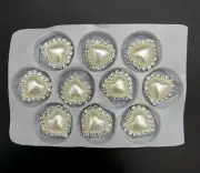 10pcs Heart Ivory Pearl Rhinestone Flatback Button - Silver - 22mm