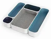 Three by Three Seattle 5 Piece Metal Organizer Tray Set for Storing Makeup, Stationery, Utensils, and More in Office Desk, Kitchen and Bathroom Drawers (2 Inch, Assorted Blue and Stripes)
