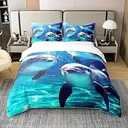 Cute Dolphin 100% Cotton Duvet Cover 155 x 220.3D Dolphin Bedding Set for Children Teens Ocean Theme Room Decor, Blue Sea Wave Comforter Cover, Sea Creatures Underwater World Quilt Cover