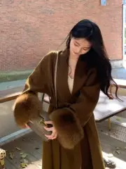 Winter New Coat Women's Long Fox Fur Sleeve Warm Wool Blend Cashmere Trench Coat