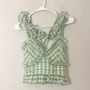 NEW ASOS Frill Cami Bra Cup Green White Gingham Crop Top Women Size Small