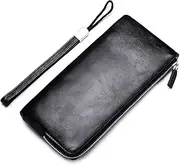 [Weyoo] Minimalist Leather Wallets for Men Long Bifold Wallet Zip Around Clutch Travel Purse for Checkbook, Smartphone, Cash, Black, Medium