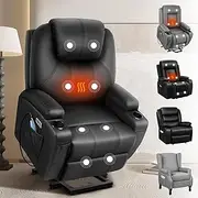 ALFORDSON Black Recliner Chair Remote Control, PU leather Lounge Sofa with Dual USB Charging Ports, Electric Lift Heated Massage Armchair Fully Automatic Lifting and Reclining for Home Room and Office