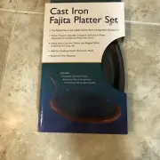 UP PLATE INTL Cast Iron Fajita Platter Set Wood Underliner Removable Handle.
