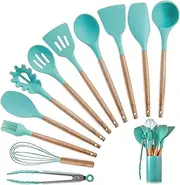 Silicone Kitchen Cooking Utensils Set with Wooden Bamboo Handles (11 Piece) | Durable Cookware Tools | BPA-Free, Non-Stick Safe, Non-Toxic | Gadgets Include Tongs, Spatula, Turner, Ladle and More