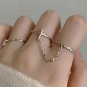 Set of 2: Chained Double Ring + Rhinestone Ring 2 Pieces - Silver - One Size