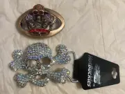 2 NEW Skull Belt Buckles Bling Crossbones Halloween Pirate Costume Goth
