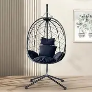 ONEIN Hanging Egg Chair with Stand for Indoor Outdoor, Imitation Wicker Swing Hammock with Thicken Comfy Cushion for Patio Porch Balcony, Rocking Egg Chair for Bedroom