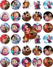 30 Precut 1" MASHA AND THE BEAR: Merry Christmas Bottle cap Images!