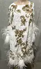 New MARCHESA Couture Feather Bead Embroidered Lace White Gold Wedding Dress US 4