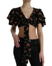 Dolce & Gabbana Rose Print TieFront Crop Top Women Black
