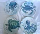 Pier 1 Set Of 4 Melamine 9" Dinner Plates-SEALIFE-Blues-Turtle/Octopus/Crab/Jell