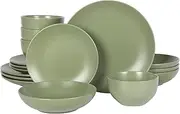[Gibson Home] Queenslane 16 Piece Double Bowl Plates and Bowls Dinnerware Sets - Matte Green