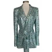 Badgley Mischka Women's Jacket Size 8 Blue Sequined Long Sleeve Tie-Waist Blazer