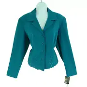 Studio 1 Blazer Jacket Womens Size 14 Blue Embroidered Eyelet Shoulder Pads NWT