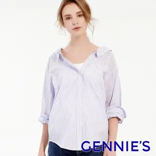 【Gennies 奇妮】兩穿式直條抓皺排釦襯衫-淺藍條紋(T3F08)