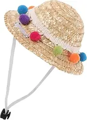 Levemolo Summer Woven Pet Hat for Dogs Cats Decorative Plush Ball Design Lightweight Comfortable for Parties Photoshoots Pet Costume Headgear