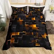 Orange And Black Comforter Cover Single Neon Geometric Checkered Bedding Set For Kids Boys Teen Men,Stereoscopic Grid Plaid Duvet Cover Glowing Square Bed Set Modern Room Decor