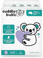 Cuddly Bubs, Size 5 Walker nappies (up to 13-18kg), 132 nappies, One Month Supply