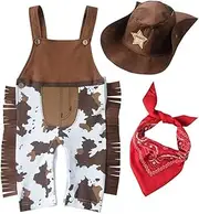 Dressy Daisy Baby Toddler Kids Boys Western Style Cowboy Overalls Costume Outfit Set with Bandana and Sheriff Hat, Brown