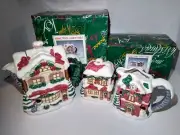 Set of 3 Fitz and Floyd OMNIBUS Teapot, Sugar & Creamer Hometown Christmas House